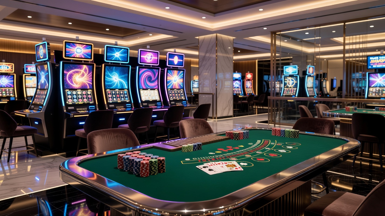 Close-up view of roulette wheel and cards on a casino table during active play