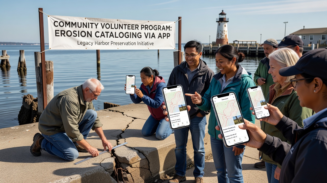 Group of volunteers reviewing erosion data on tablets at a community meeting near an old harbor wall